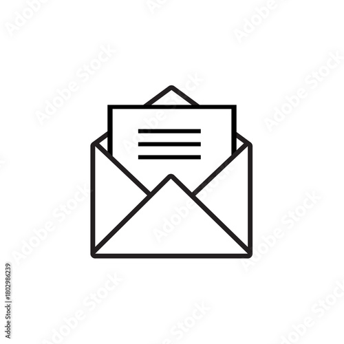 Minimalist line icon of an open envelope containing a document with text lines, representing mail communication, notifications, and message delivery