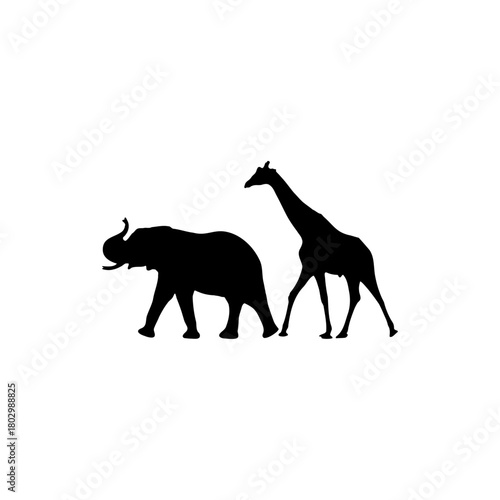 An image showing the black silhouettes of an elephant and a giraffe walking on a white background