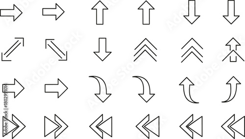 Arrow icons grid, direction symbols, curved arrows, straight arrows, chevrons, navigation pointers, black vector, UI design, movement indicators, interface