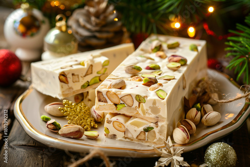 Traditional Italian torrone nougat with almonds and pistachios, soft, sweet, and festive, perfect for Christmas celebrations and holiday dessert tables.
