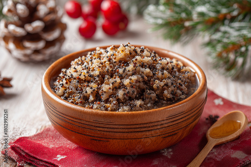 Traditional Christmas kutia. Kutya Ukrainian. Boiled wheat porridge. Slavic holiday ritual dish. Orthodox christmas.