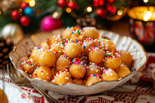 Golden Italian struffoli coated in honey and colorful sprinkles, forming a festive sweet tower perfect for Christmas celebrations.