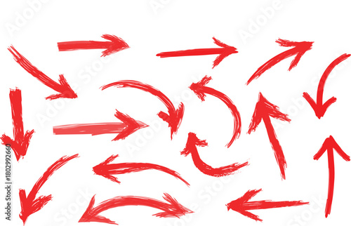 Collection of hand drawn red arrows pointing in various directions on a white background