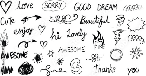 Collection of hand drawn doodle elements including words hearts arrows and abstract shapes in black ink