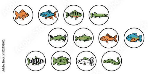 A collection of twelve colorful cartoon fish icons, each in a circular frame, showcasing various species on a white background.
