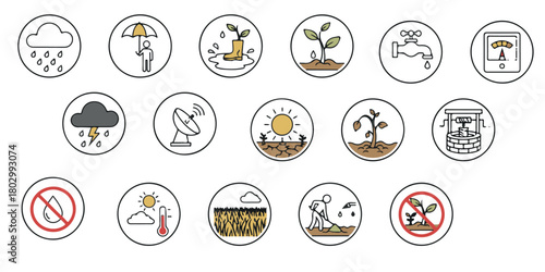 A collection of circular icons illustrating weather conditions, agriculture, and water resource management.