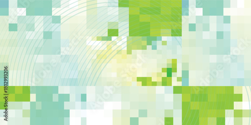 Abstract background with a green and teal pixelated mosaic pattern and faint concentric circles.