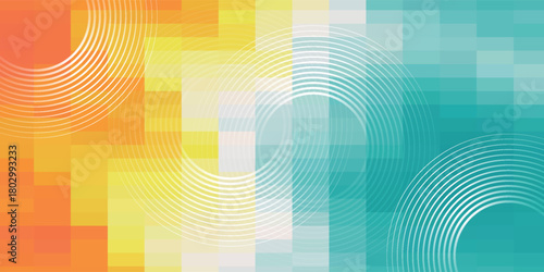 Abstract geometric background with a colorful gradient from warm orange and yellow to cool teal and blue tones.