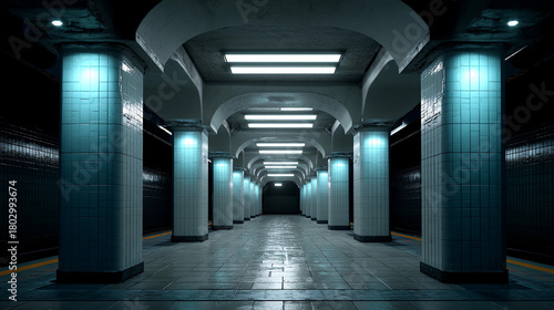 Fototapeta Naklejka Na Ścianę i Meble -  Urban subway station with blue lighting and architectural pillars