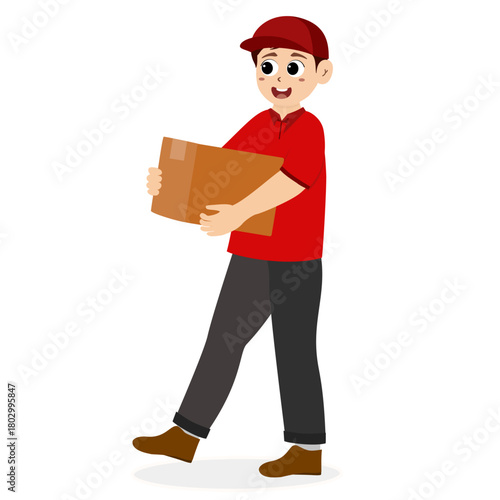 Delivery courier man in red uniform holding cardboard package box. Safe delivery of goods concept. Delivery man shipment package boxes to receiver to home. Delivery service concept