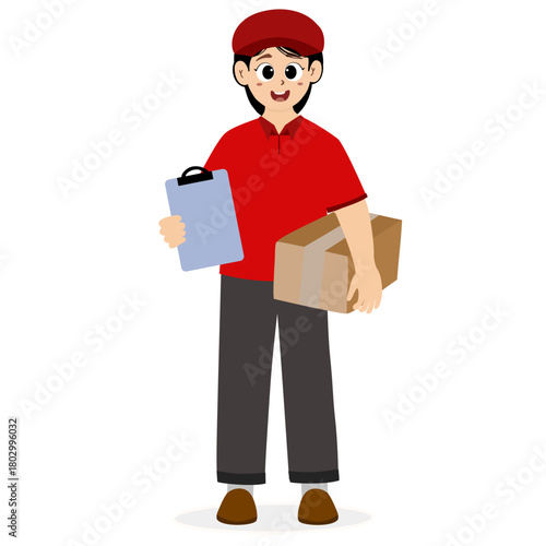 Delivery courier woman in red uniform holding cardboard package box. Safe delivery of goods concept. Delivery service concept. Courier with the parcel. vector illustration