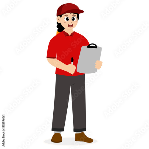 Delivery courier woman in red uniform holding cardboard package box. Safe delivery of goods concept. Delivery service concept. Courier with the parcel. vector illustration