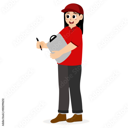 Delivery courier woman in red uniform holding cardboard package box. Safe delivery of goods concept. Delivery service concept. Courier with the parcel. vector illustration