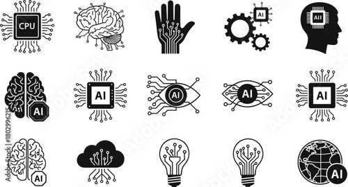 Artificial intelligence icons set, machine learning, digital brain, technology, circuit, cpu, innovation, and robot symbols vector.