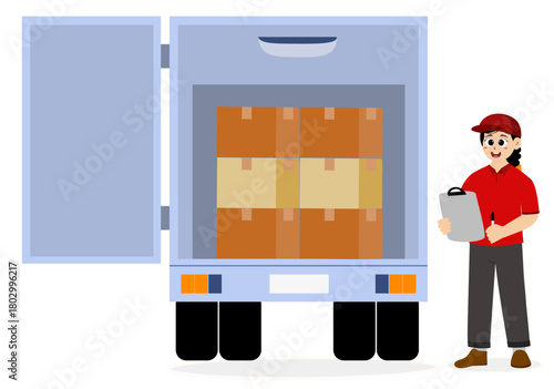 Delivery courier woman in red uniform holding cardboard package box. Safe delivery of goods concept. Delivery service concept. Courier with the parcel. vector illustration