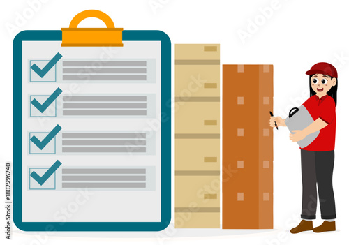 Delivery courier woman in red uniform holding cardboard package box. Safe delivery of goods concept. Delivery service concept. Courier with the parcel. vector illustration