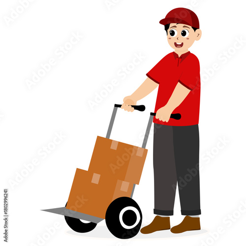 Delivery courier man in red uniform holding cardboard package box. Safe delivery of goods concept. Delivery man shipment package boxes to receiver to home. Delivery service concept