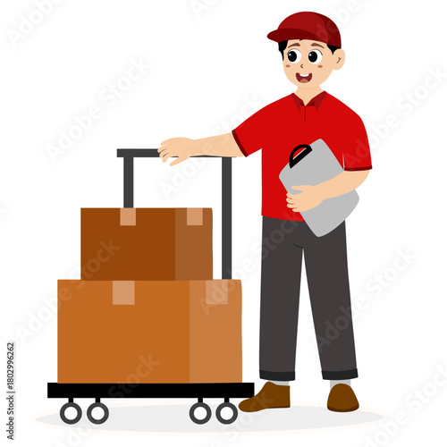 Delivery courier man in red uniform holding cardboard package box. Safe delivery of goods concept. Delivery man shipment package boxes to receiver to home. Delivery service concept