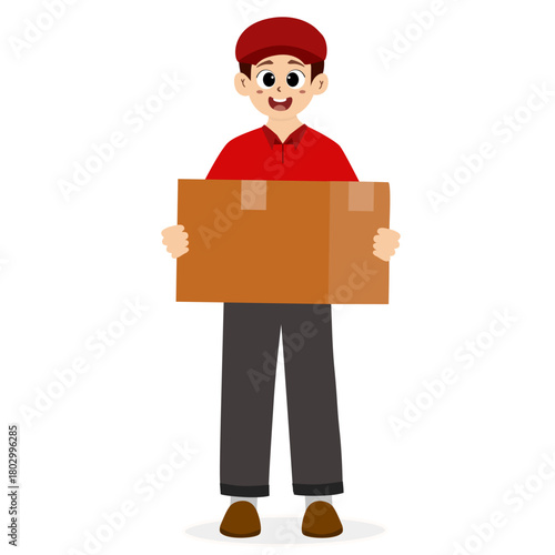 Delivery courier man in red uniform holding cardboard package box. Safe delivery of goods concept. Delivery man shipment package boxes to receiver to home. Delivery service concept