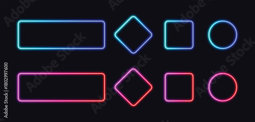Collection of glowing neon geometric shapes including rectangles diamonds squares and circles on a dark background