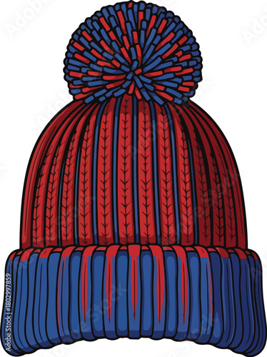 A red and blue winter knitted beanie with a pom-pom on top, against a clean white background.