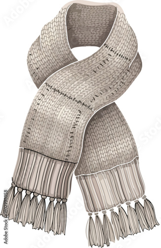 A beige winter knitted scarf with fringe details, displayed against a clean white background in a product showcase style with a neutral mood.