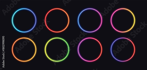Collection of eight vibrant glowing neon oval frames in various bright colors on a dark background