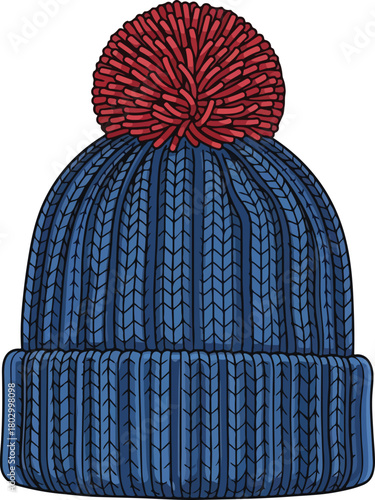 A blue winter knitted beanie with a red pom-pom on top against a clean white background.