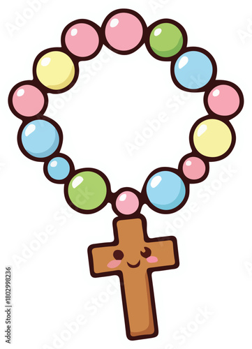 A cute cartoon illustration of a colorful rosary