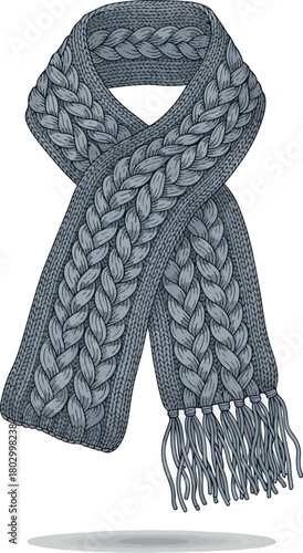 A gray winter knitted scarf with a braided pattern and tassel ends, displayed on a clean white background.