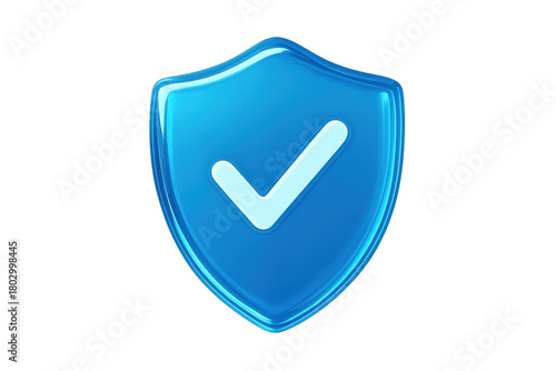 Blue glossy shield icon with check mark confirming protection, security, and data verification on transparent background