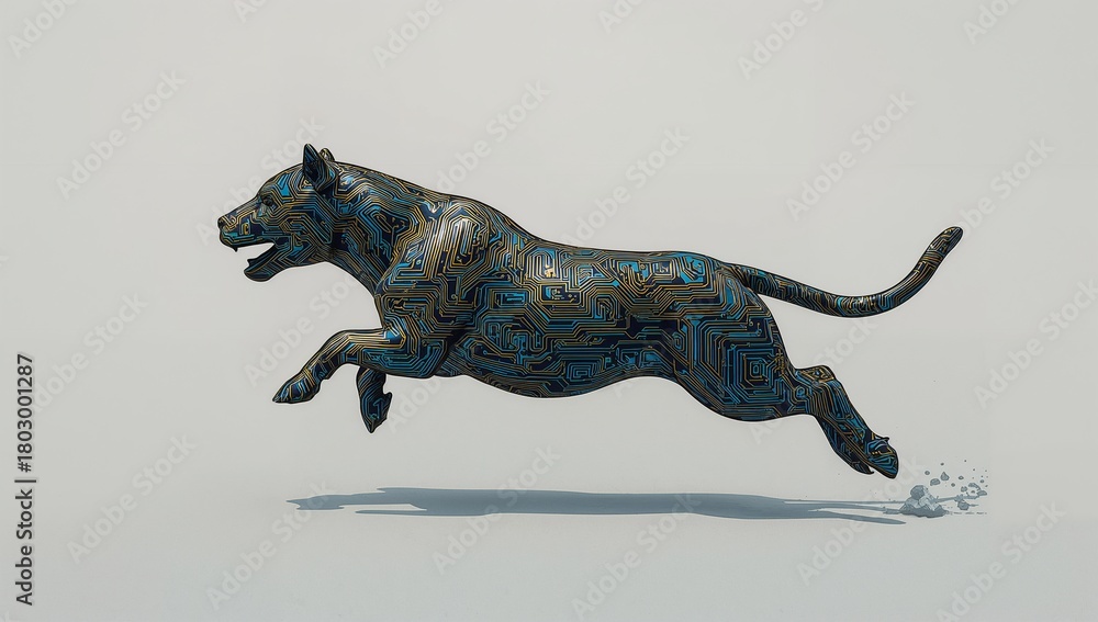 Fototapeta premium Cybernetic Panther Leaping: Dynamic 3D Render of a Wild Cat Composed of Intricate Circuit Board Patterns Representing Digital Agility and Speed.
