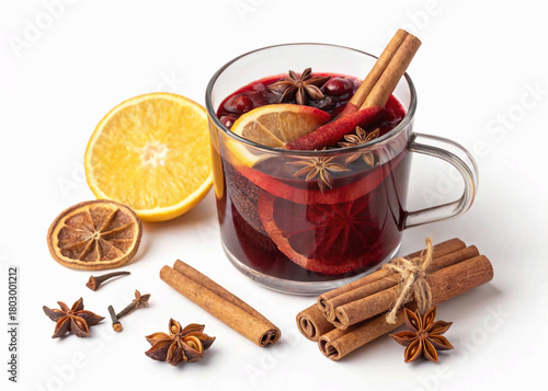 Isolated Festive Mug of Mulled Wine with Spices and Citrus