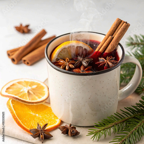 Isolated Festive Mug of Mulled Wine with Spices and Citrus