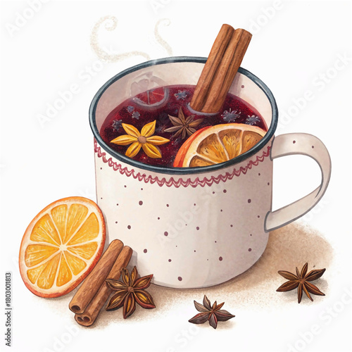 Isolated Festive Mug of Mulled Wine with Spices and Citrus