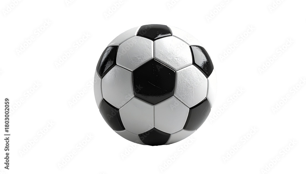 Fototapeta premium Classic soccer ball with black-and-white pattern shown in close-up over a clean gray-white background. Surface details, material shine and studio lighting provide a pro looke