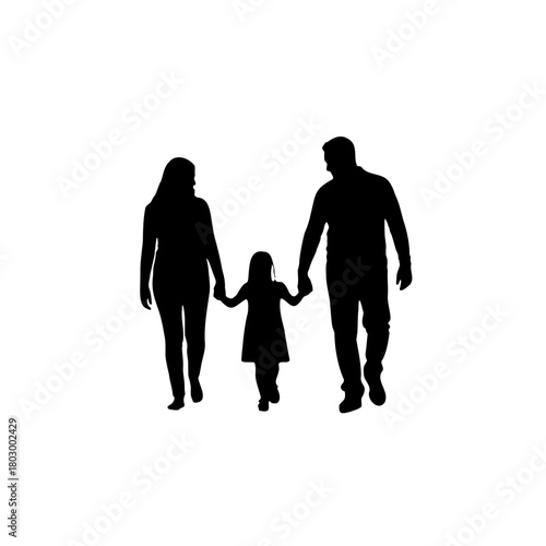 Silhouette of a family walking together holding hands on a white background in a simple illustration