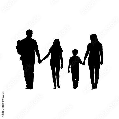 Silhouette of a family walking together holding hands with parents and children on a white background