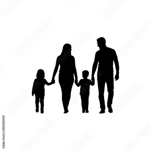 A silhouette of a family of four walking together holding hands on a white isolated background view