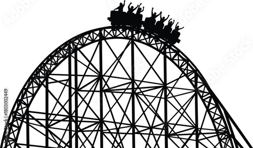 Black silhouette vector illustration of people riding a rollercoaster with hands up, enjoying a thrill ride at amusement park.