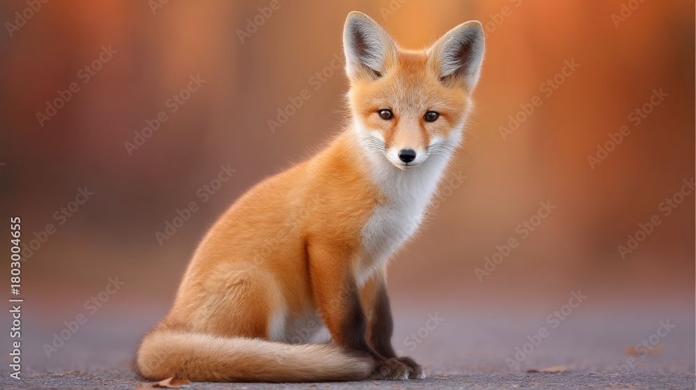 Fototapeta premium Curious Red Fox Cub Sitting Calmly in Autumn Landscape with Warm Background and Dreamy Bokeh Effect, Perfect for Nature and Wildlife Photography