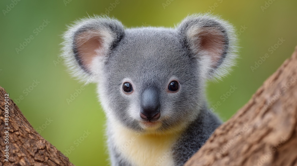 Fototapeta premium Adorable koala framed by natural greenery, with soft fur and expressive eyes, capturing the essence of wildlife in a serene environment