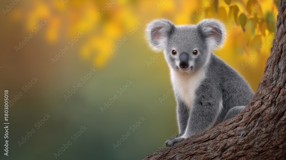 Naklejka premium Adorable Koala Sitting on Tree Branch Surrounded by Bright Autumn Leaves in Soft Natural Light, Wildlife in Peaceful Habitat Setting