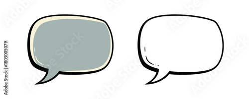 Hand drawn style comic speech bubble with rounded rectangle shape and tail in full color and line art versions, in retro black, white, and muted greenish colors on a clean white background