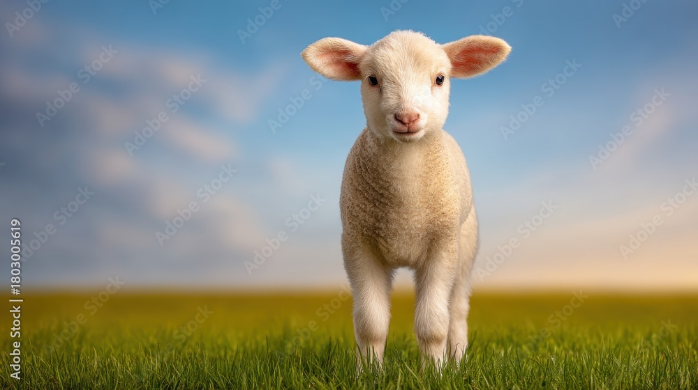 Obraz premium Cute playful lamb standing on vibrant green grass under a clear blue sky during sunset, capturing the essence of livestock and nature's beauty in springtime.