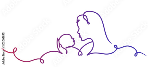Mother and son line art colour vector illustration, mothers day celebration background