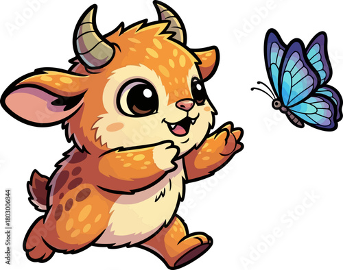 tiny horned sprite joyfully chases a vibrant blue butterfly
