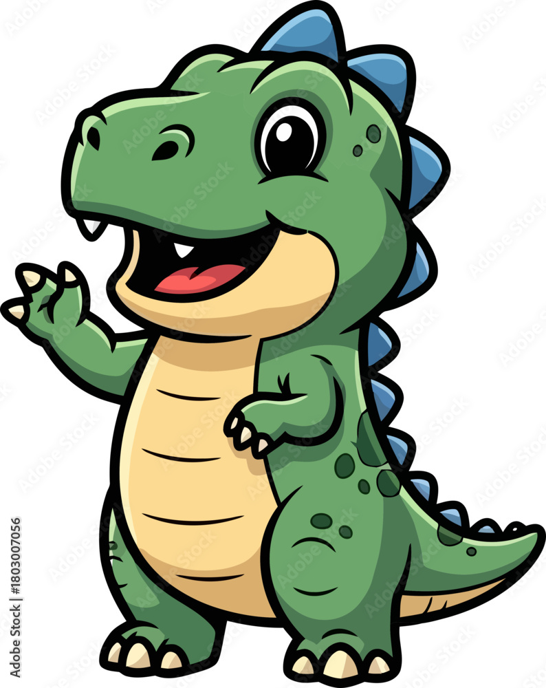 Fototapeta premium vibrant cartoon dino waving, inviting fun and adventure designs