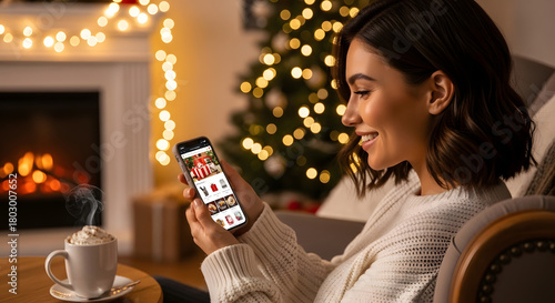 Young woman holding a smartphone and smiling while checking Christmas gift ideas, cozy home interior with warm lights.