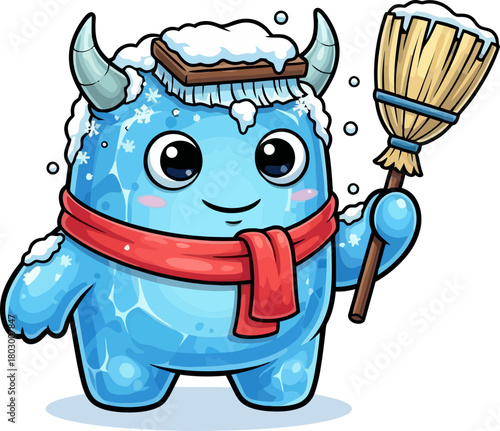 adorable blizzard buddy wields his broom, brushing winters sweetest tales
